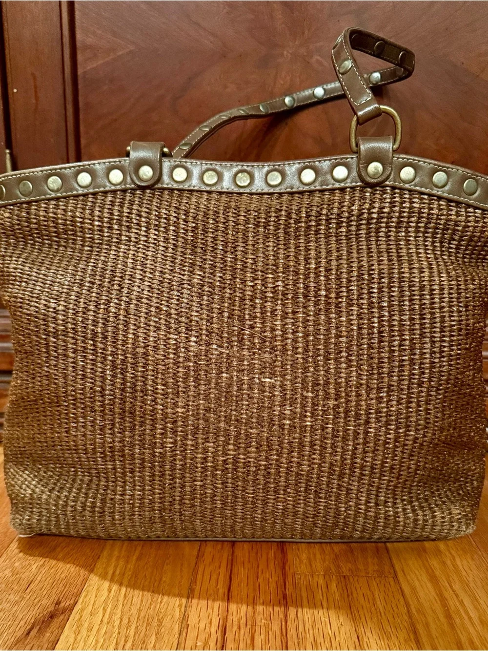 Isabella Fiore Brown Woven Shoulder Bag Beaded Mandala Pink & Green